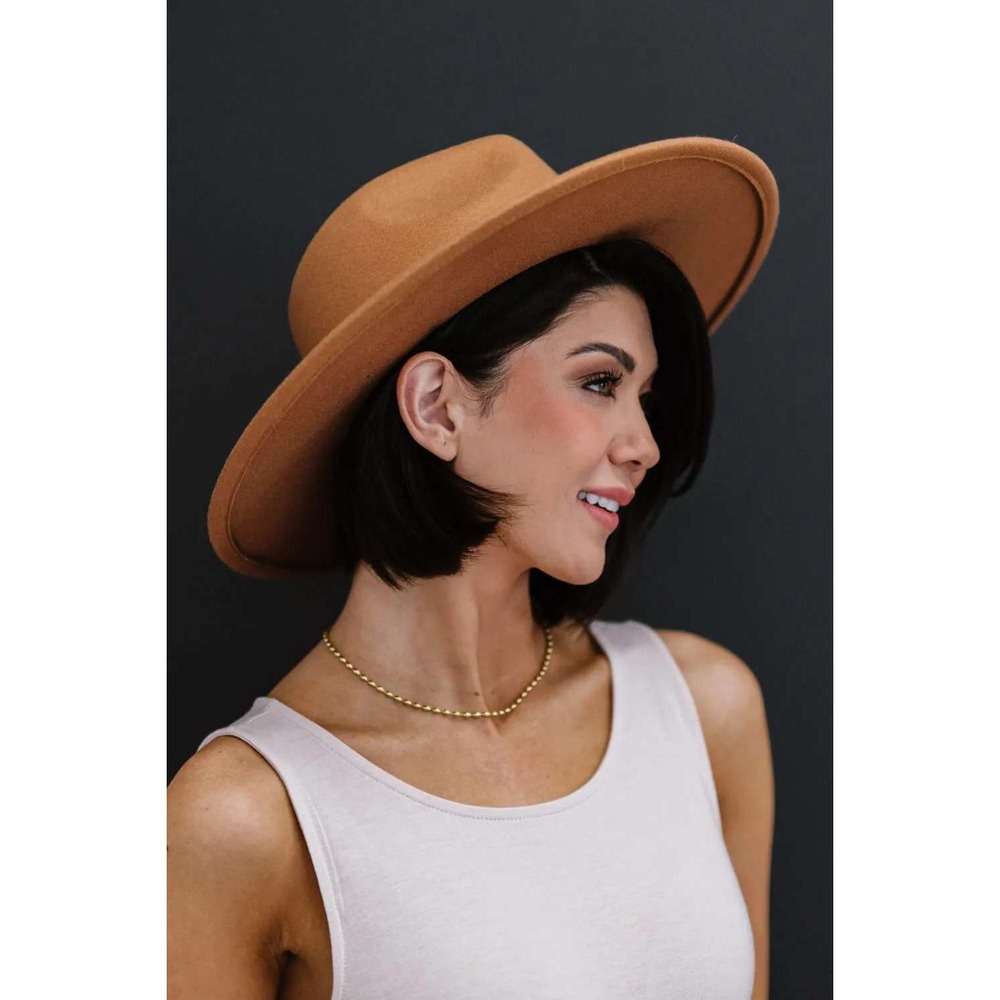 Fedora Hat Womens OS Camel Excellent Wide Brim Felt Ribbon Trim